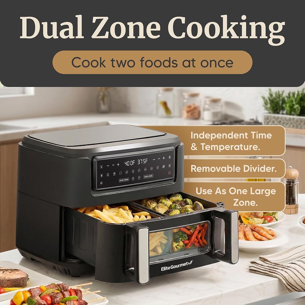 Elite Gourmet EAF1055D showing the removable divider and dual zones